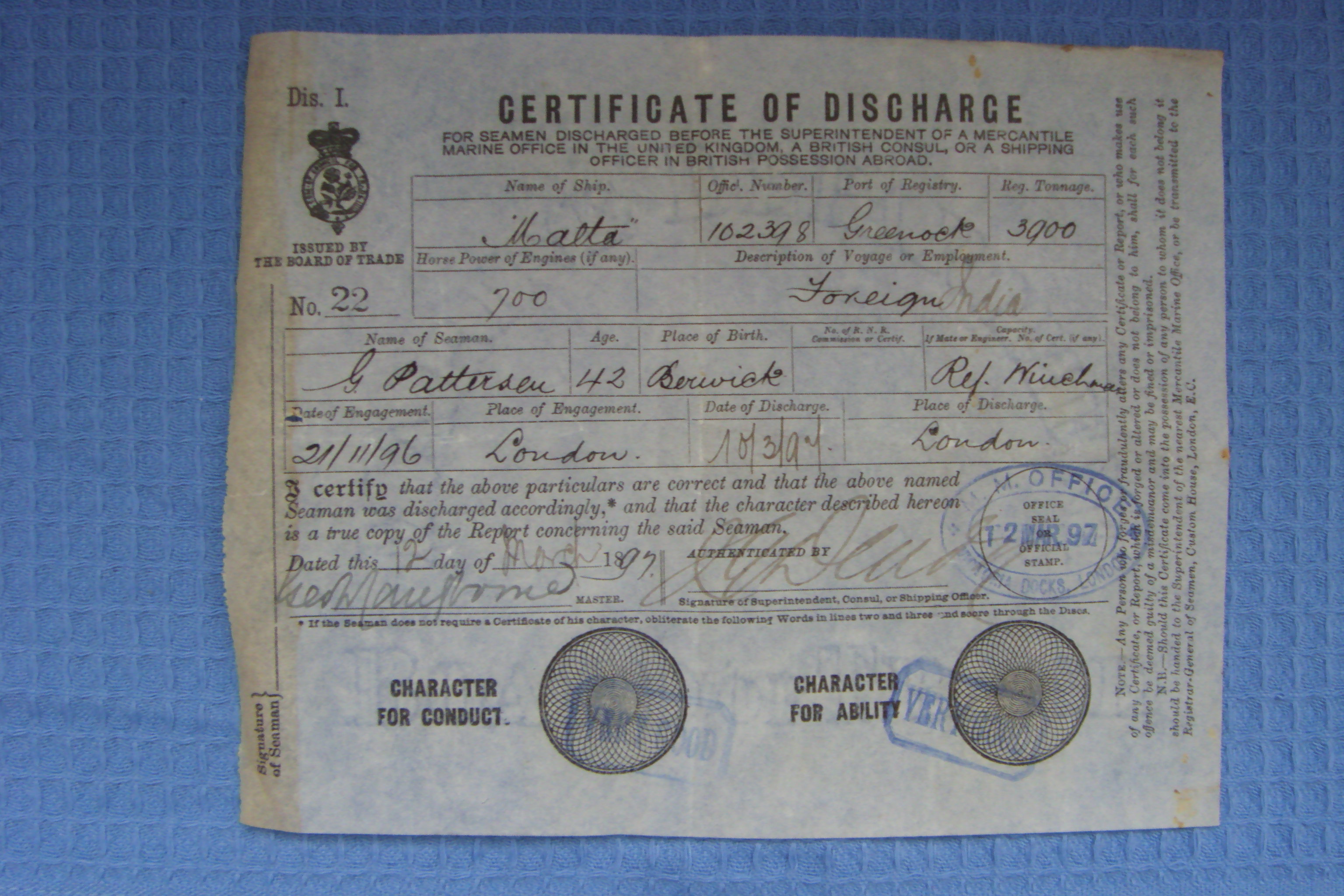 ORIGINAL 'CERTIFICATE OF DISCHARGE' FROM THE OLD P&O VESSEL 'MALTA' DATED MARCH 1897